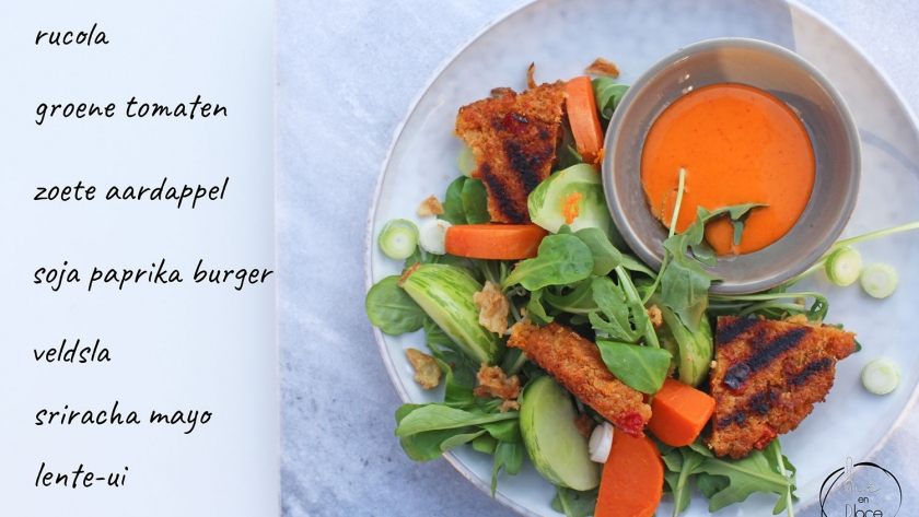 Mie en Place salade met soja paprika burger