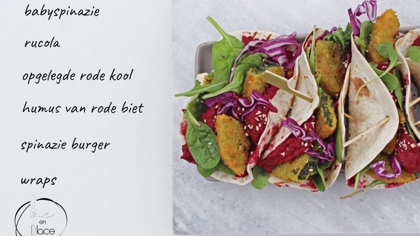 Mie en Place wrap met humus van rode biet en spinazieburger