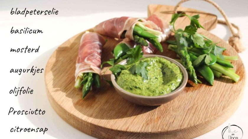 Mie en Place salsa verde met Prosciutto rolletjes